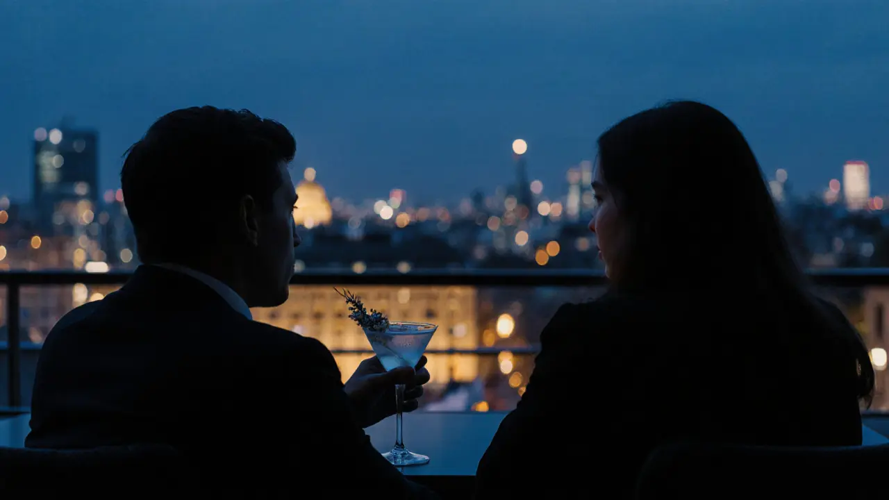 Silhouettes on a rooftop overlooking Berlin&#039;s glowing city lights at night.