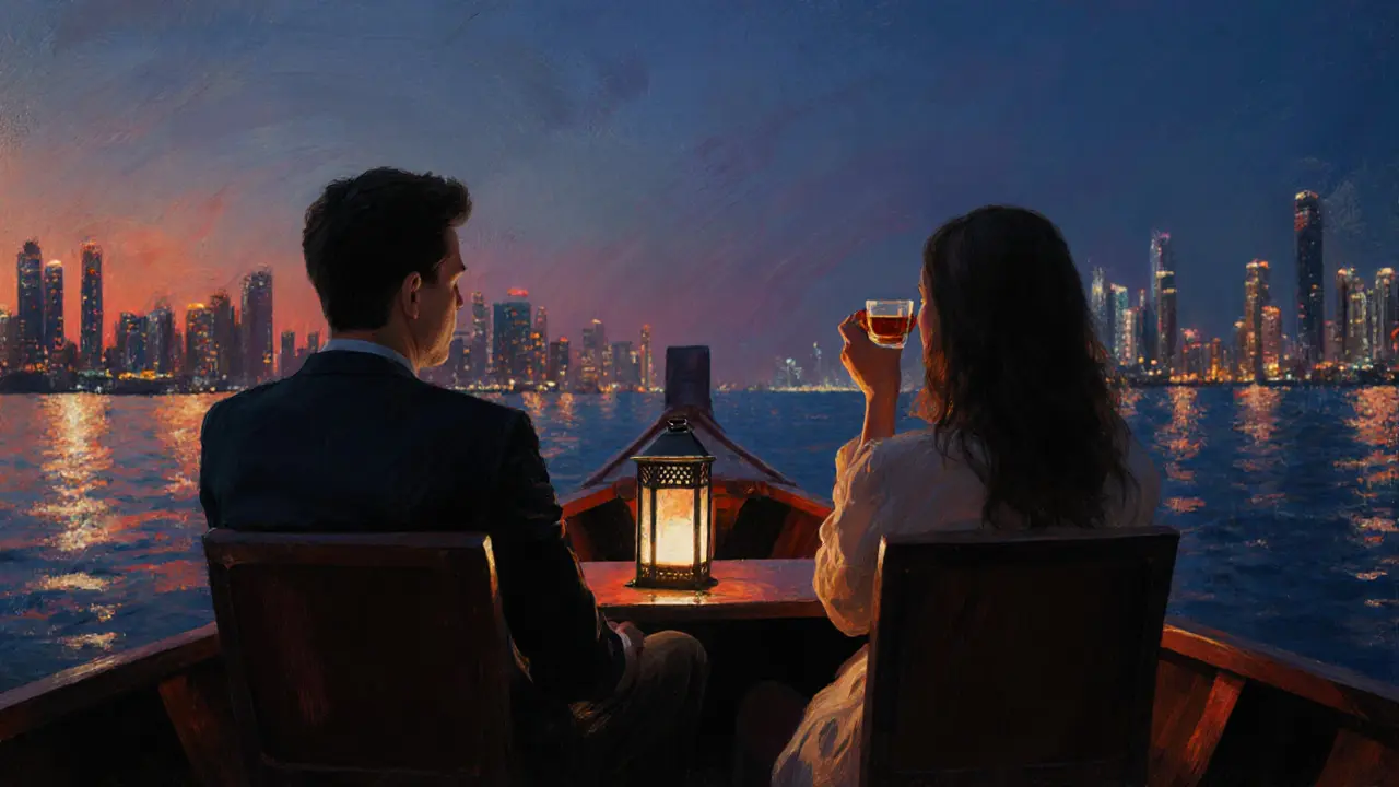 Two figures in quiet silence on a private dhow cruise at sunset, city lights reflecting on calm water under a deep indigo sky.