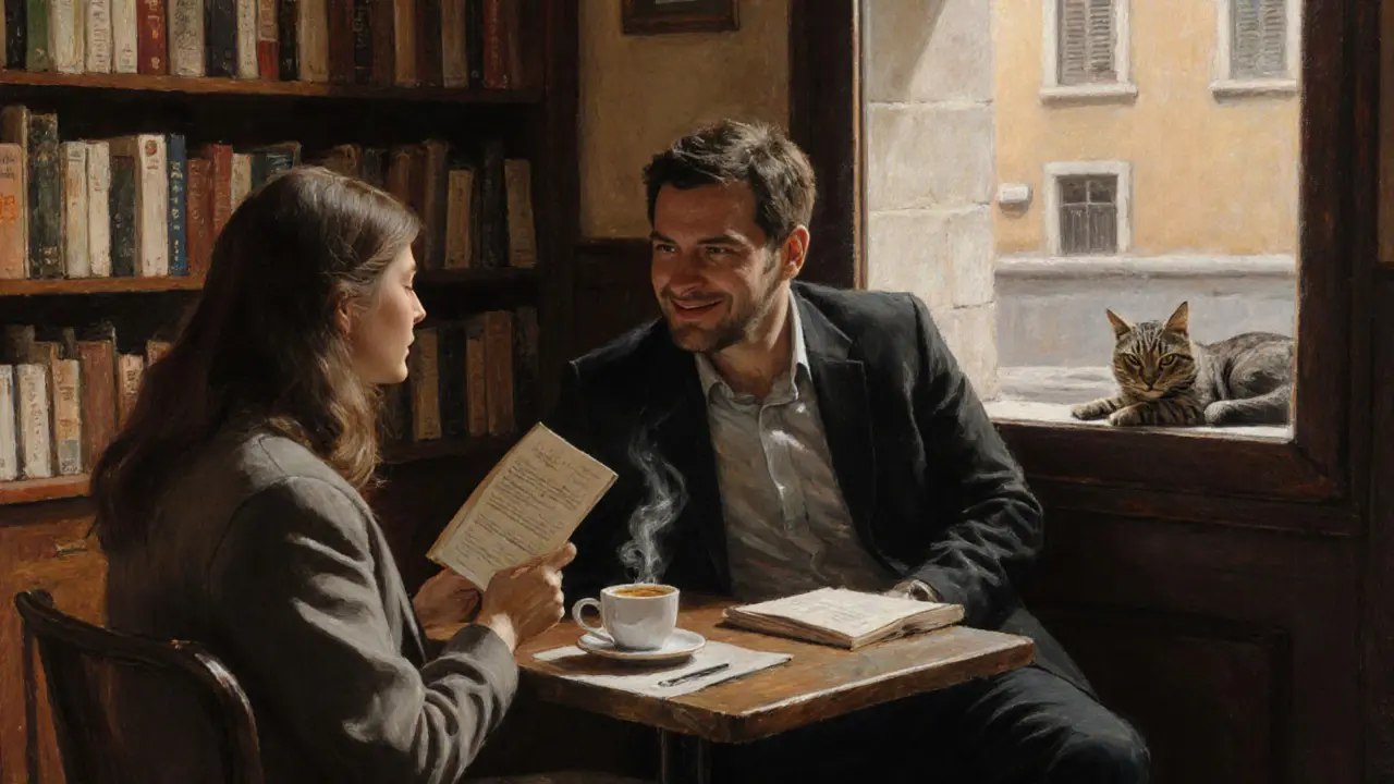 Two people in a cozy Milan bookstore café, listening to each other over espresso, surrounded by books and soft morning light.