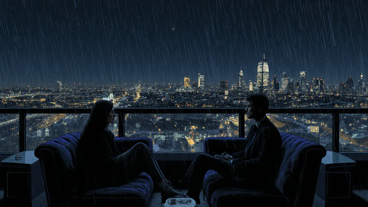 Two people in silent comfort on a rooftop lounge overlooking London’s glowing cityscape at night.