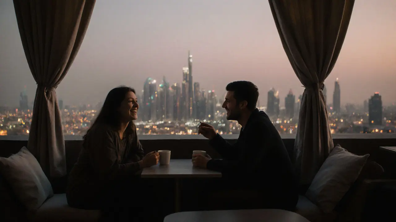 Two people laughing softly on a Dubai rooftop at twilight, city lights glowing behind them in the background.