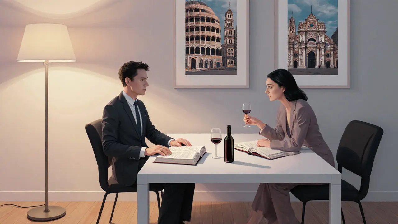 Two people seated respectfully at a minimalist table in a Milan apartment, engaged in quiet conversation with books and wine between them.