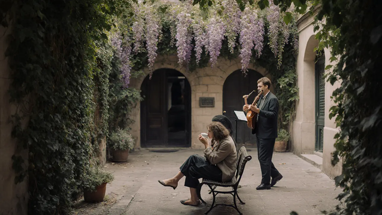 Two people sitting quietly together in a hidden Le Marais courtyard surrounded by wisteria and natural light.
