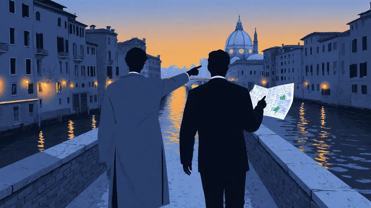 Two people walking along Navigli canals at dusk, pointing toward a rooftop view of the Duomo.