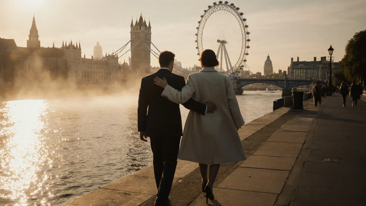 Two people walking peacefully along the Thames at dusk, bridge lights reflecting on the water.