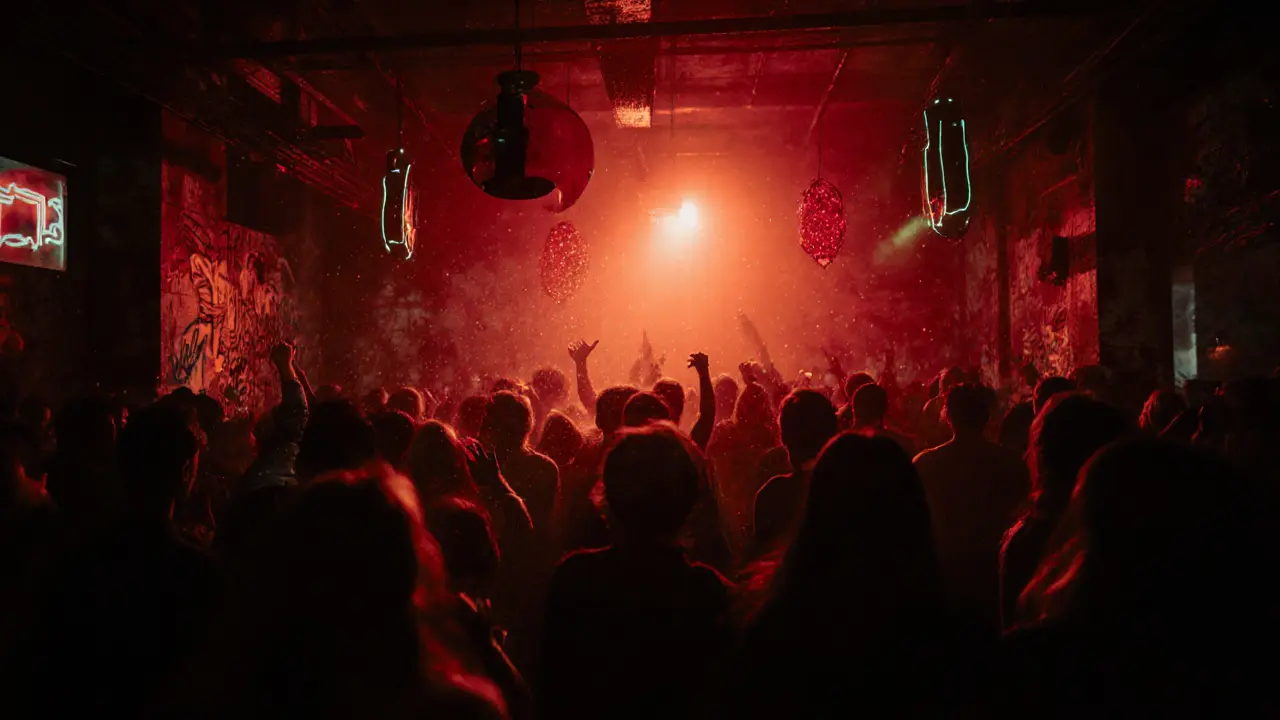 Underground club in Porta Genova with dim red lighting, dancers, and industrial art installations.