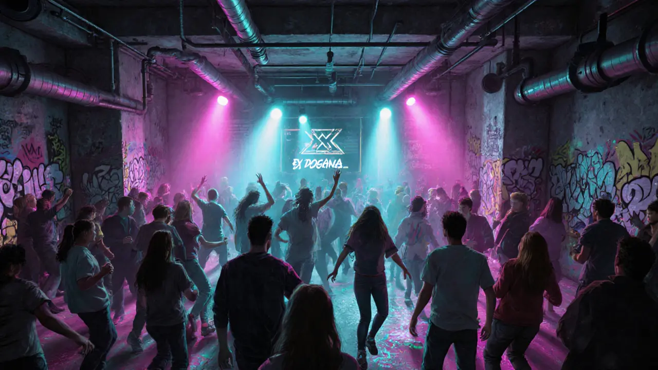 Underground club in Zone 1 with pulsing lights and dancers in an industrial warehouse.