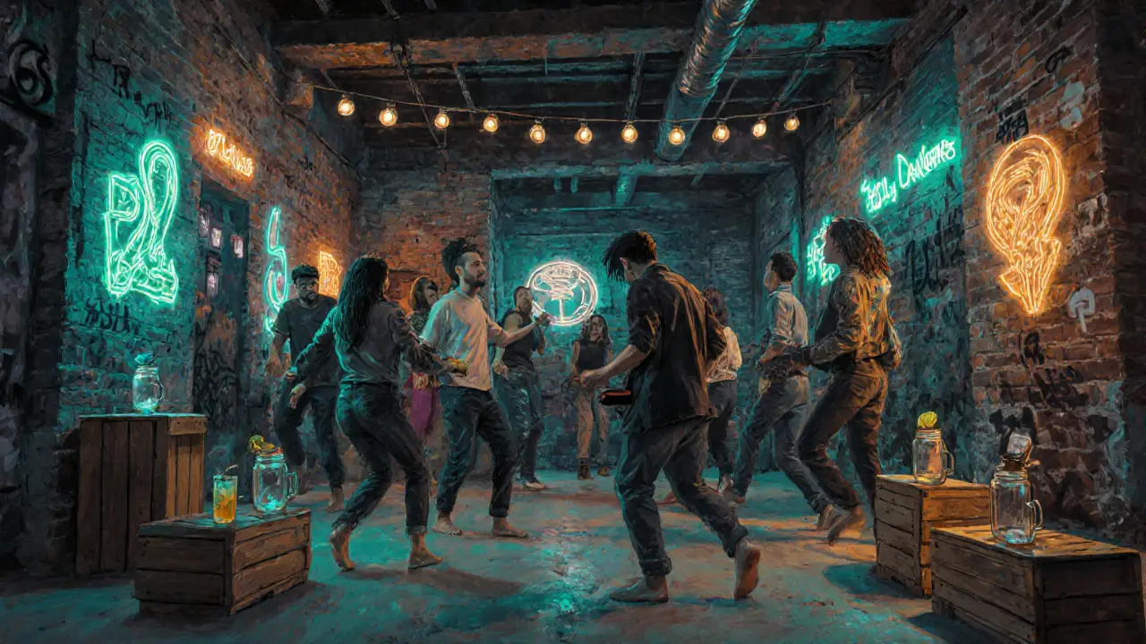 Underground party in Alserkal Avenue with art installations and people dancing on concrete.