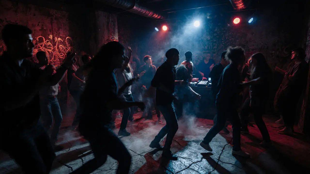Underground warehouse club in Üsküdar with dancers under moody colored lights and layered traditional music.