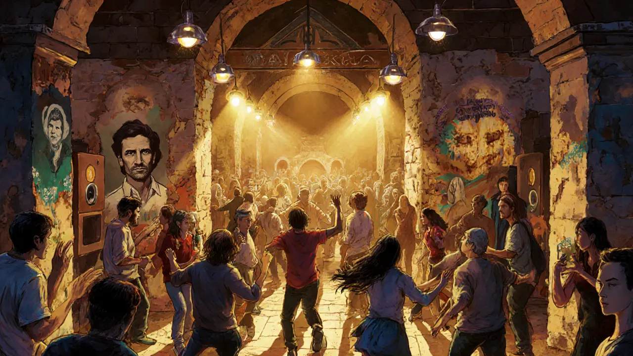 Vibrant underground dance club in a converted church with diverse crowd moving to live music.