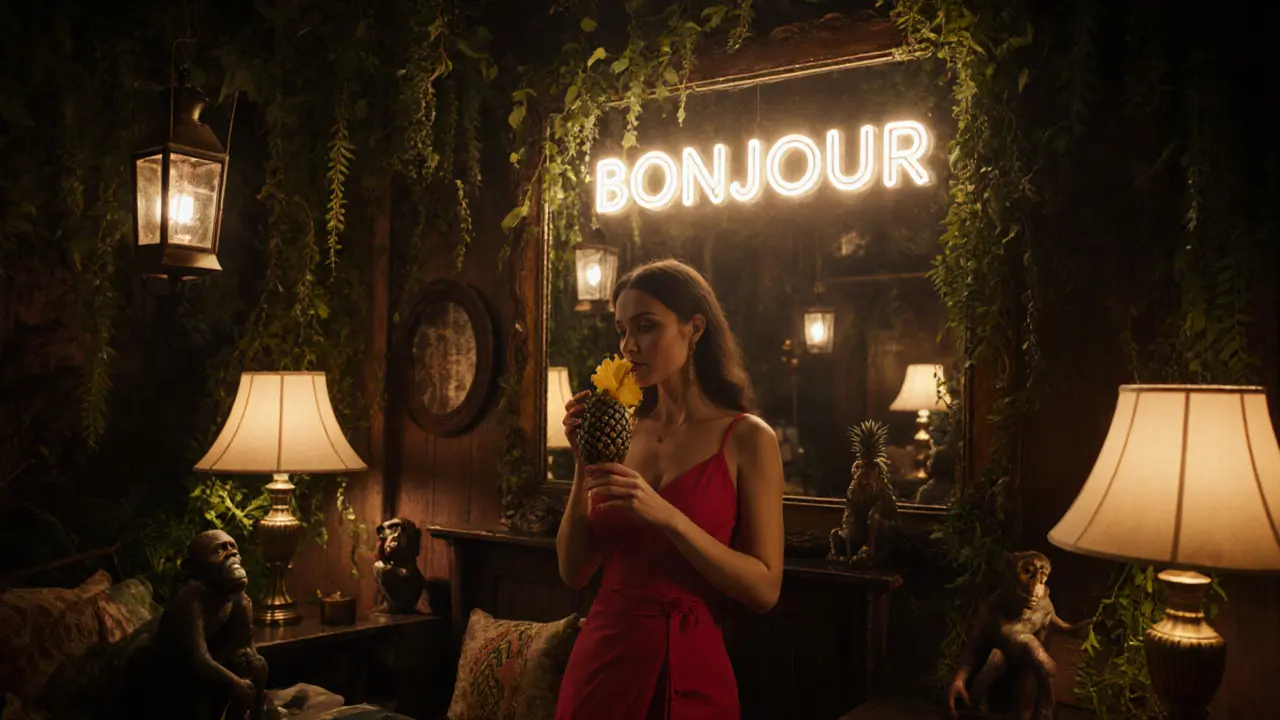 Woman in red dress sipping from a pineapple cocktail amid jungle plants and vintage artifacts.