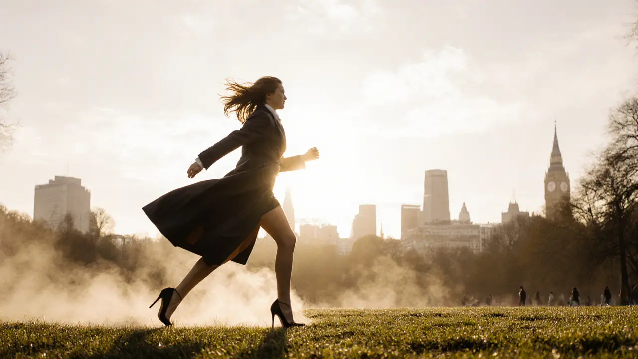 Woman power-walking through Hyde Park at sunrise in heels and coat, city skyline in background.