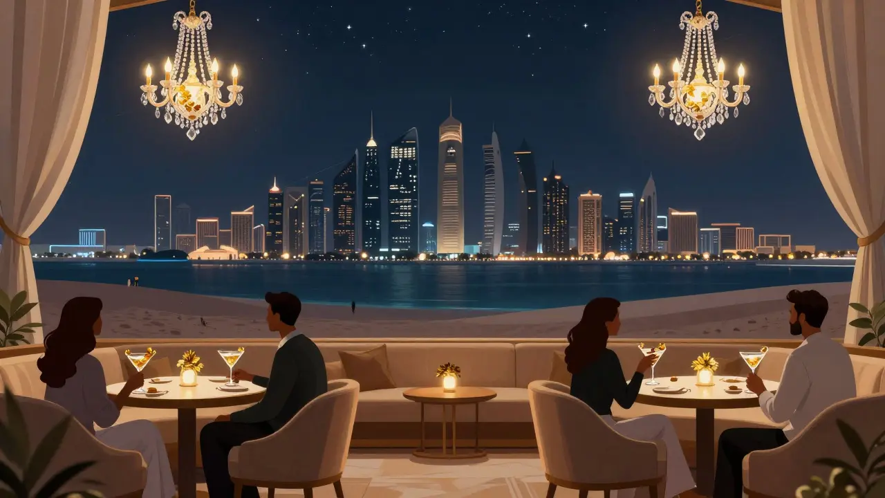 360 Lounge at Emirates Palace offering a panoramic view of Abu Dhabi’s skyline and Gulf at night with guests enjoying golden cocktails.