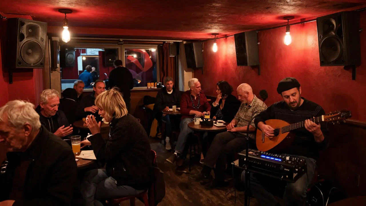 A basement music venue with vintage speakers and people dancing to Anatolian folk fused with ambient sounds.