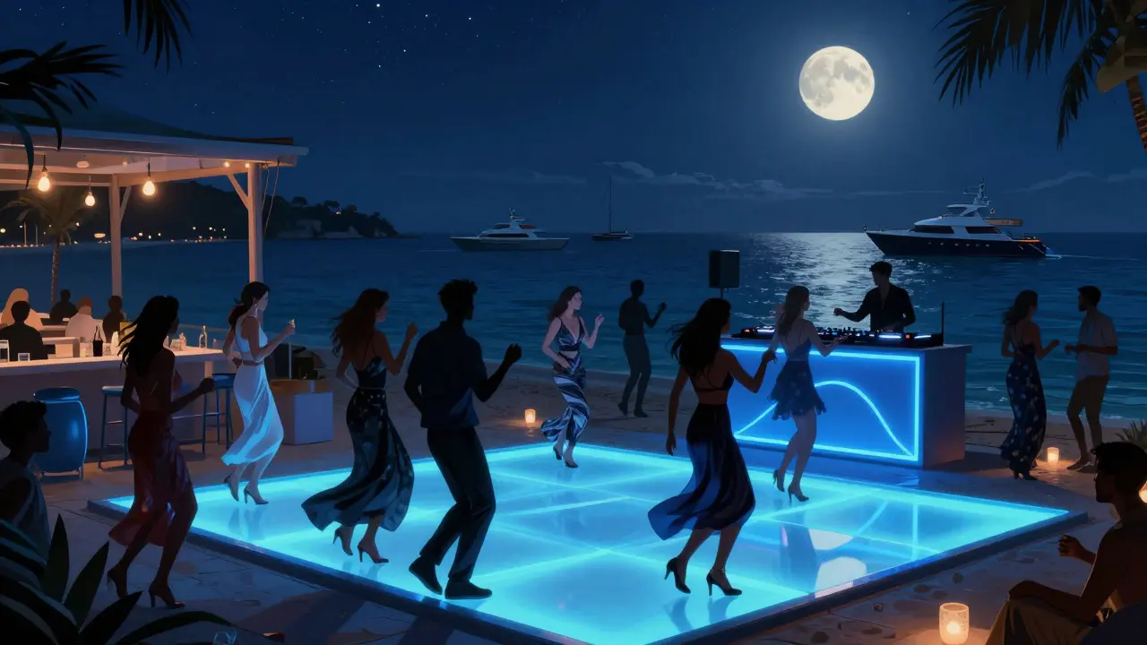 A beachfront club at midnight with elegant dancers under stars, deep house music pulsing beside the Mediterranean Sea.