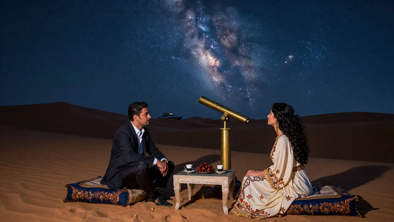 A client and companion stargaze in the desert under the Milky Way, surrounded by traditional coffee service and dunes.