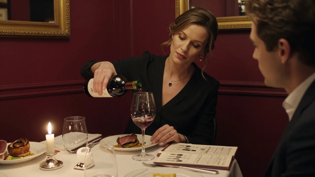 A companion pours wine in a refined Parisian bistro, surrounded by art and candlelight.