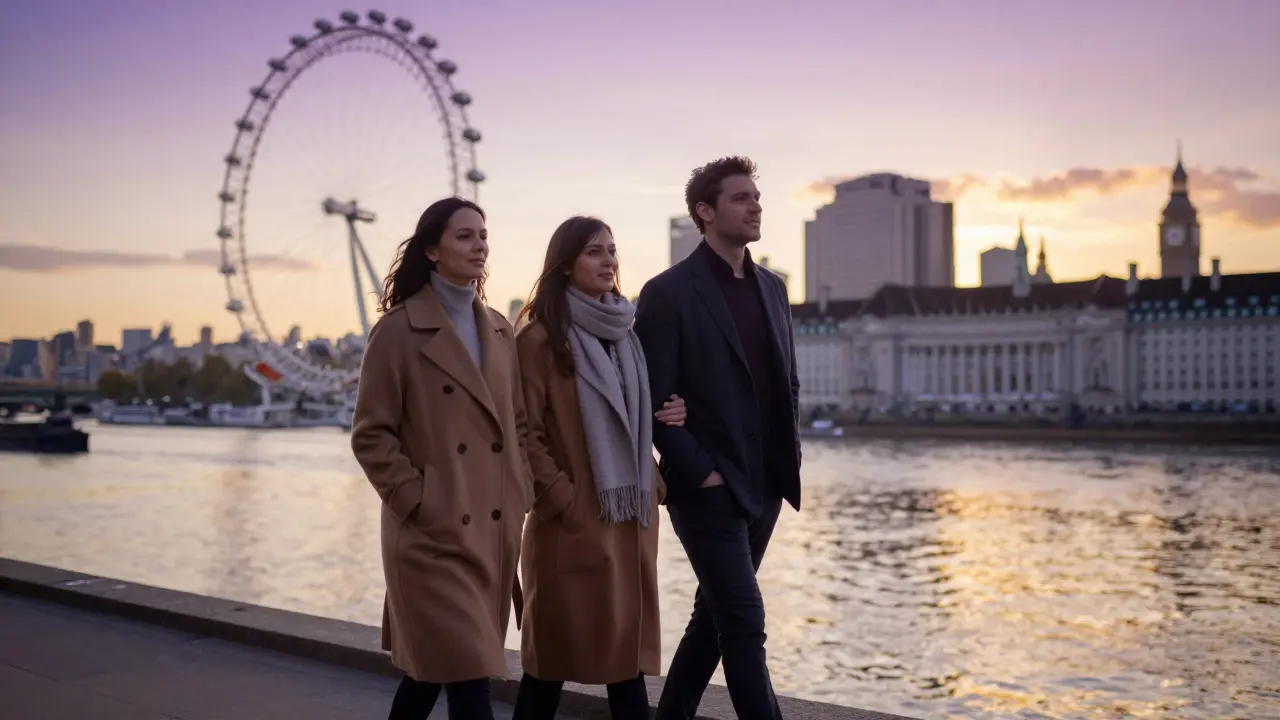 A couple strolling along the Thames at sunset, city lights reflecting on the water.