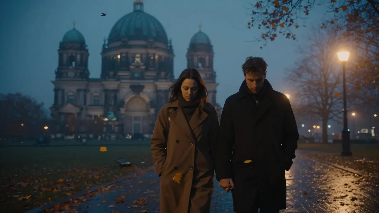 A couple walking hand in hand through Tiergarten park at dusk, leaves falling around them.
