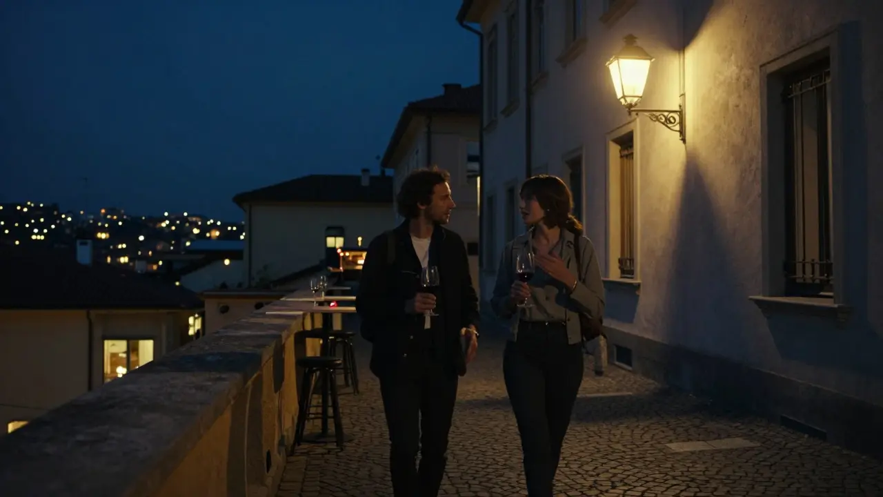 A couple walking through the historic Brera district at night, sharing a moment under lantern lights.