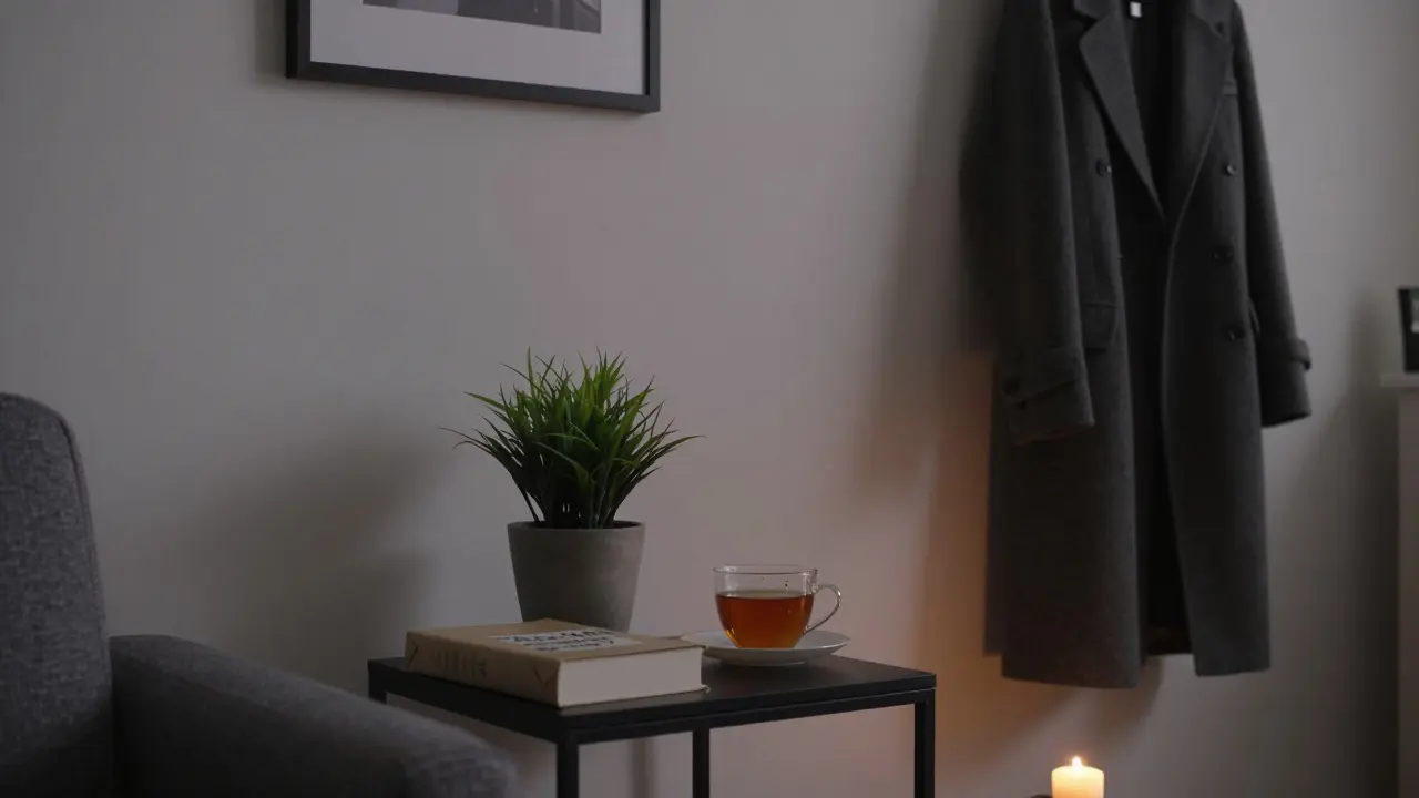 A cozy London living room with a plant and book left as a thoughtful gesture.