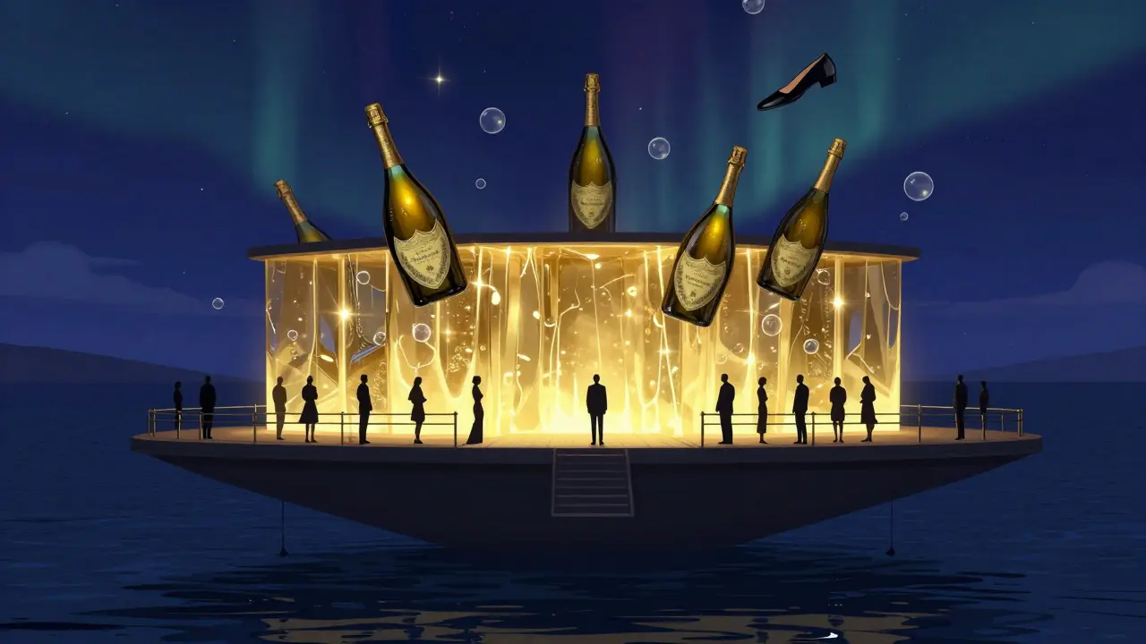 A floating nightclub at sea with glowing champagne bottles and a single hovering polished shoe.