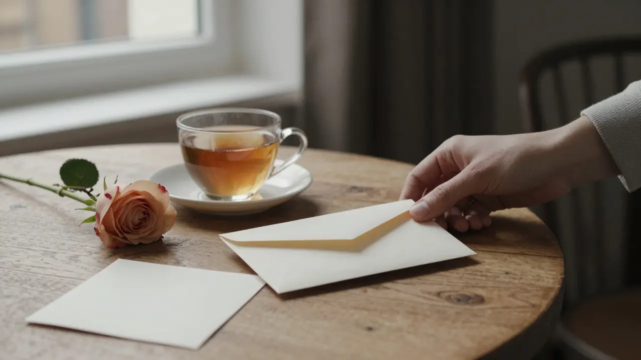 A hand placing an envelope and a rose on a wooden table with soft daylight and tea.