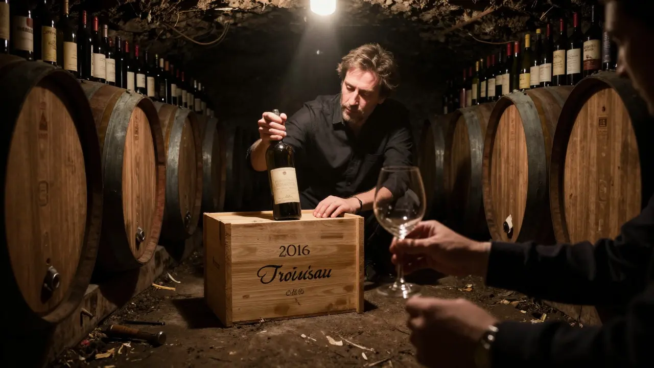 A hidden cellar above a grocer where a man pours a rare 2016 Trousseau wine from a wooden crate.