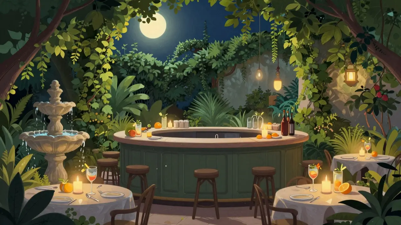 A hidden garden bar at night with candlelit tables, fountains, and lush greenery under a starry summer sky.