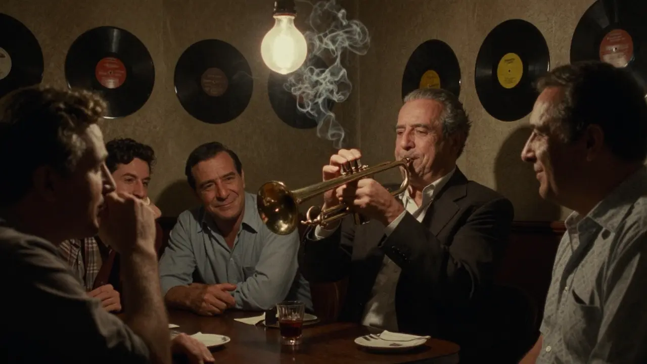 A jazz musician playing trumpet in a dim underground bar, patrons smiling in soft golden light with vinyl records on the wall.