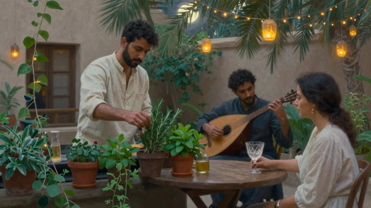 A lantern-lit garden bar with herbs and oud music, where a mixologist picks fresh mint from a small courtyard garden.