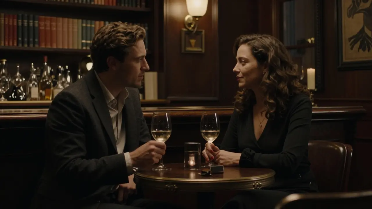 A man and woman sharing a quiet evening at a London jazz bar, engaged in thoughtful conversation.