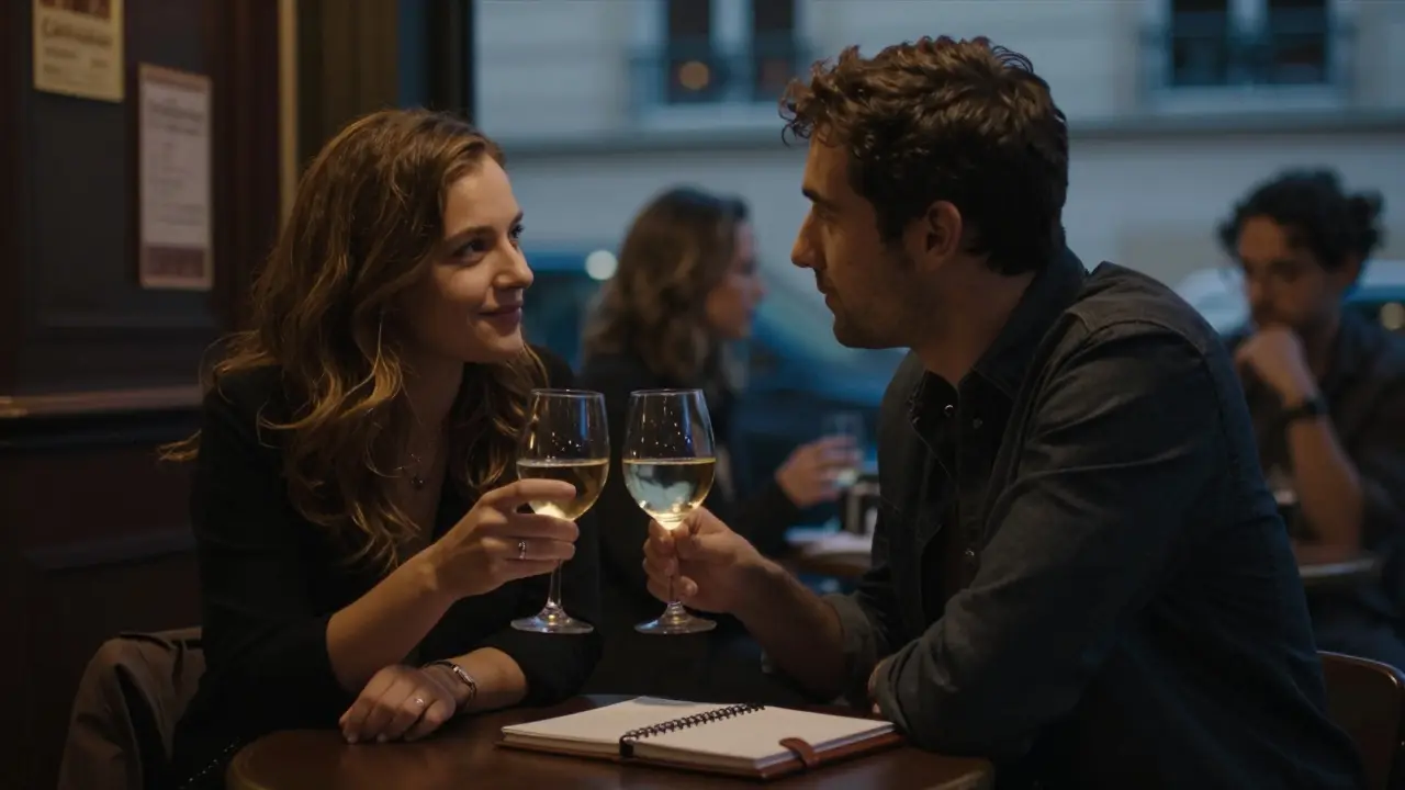 A man and woman sharing a quiet moment over wine in a Paris jazz bar at dusk.
