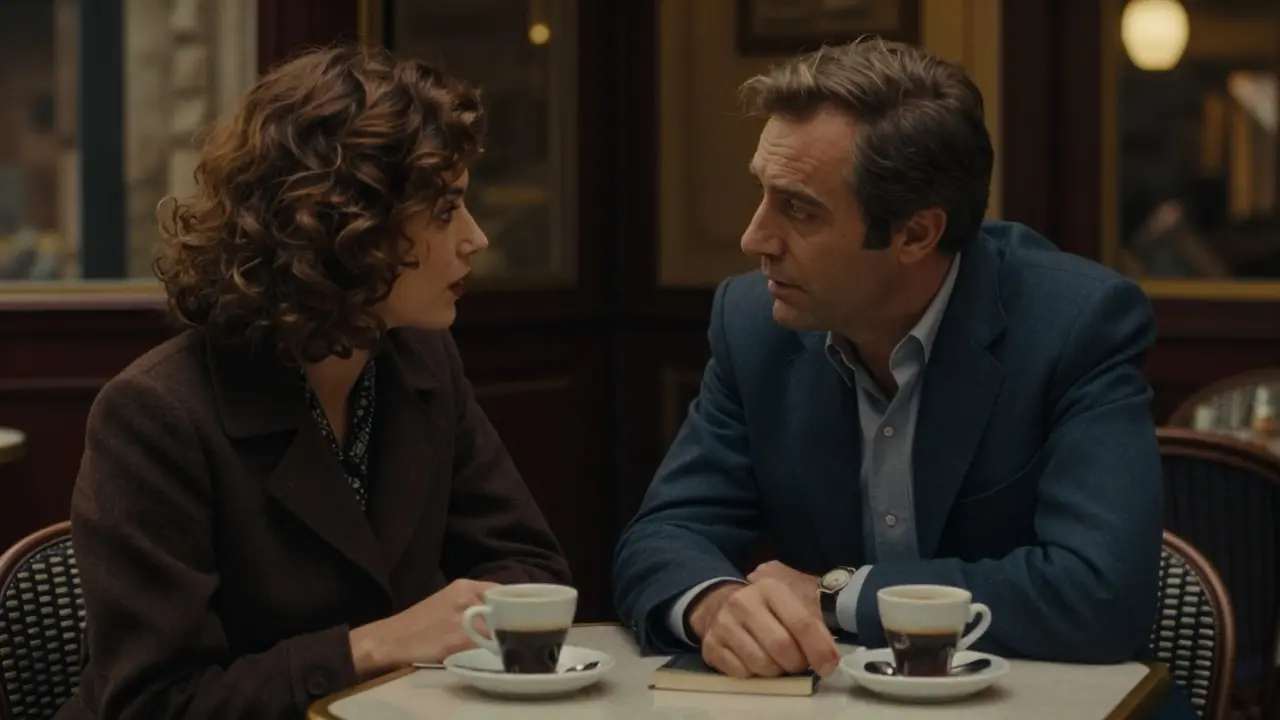 A man and woman sit across from each other in a Paris bistro, sharing quiet conversation over espresso cups.