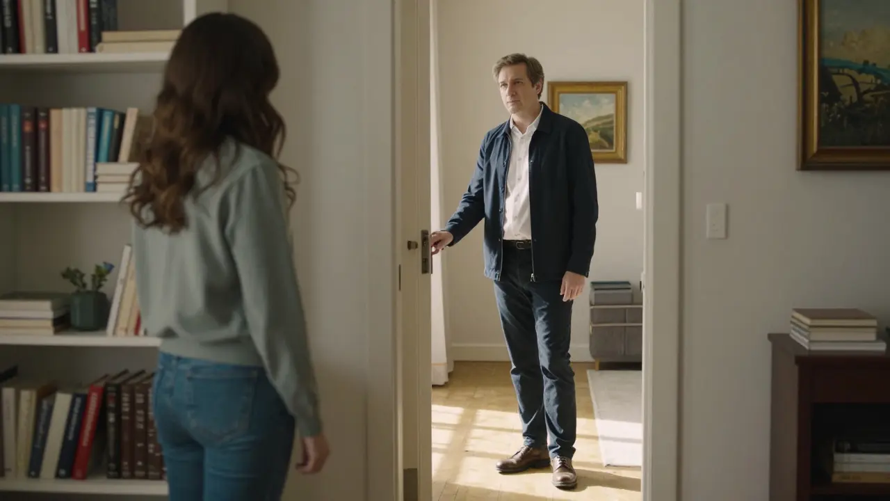 A man respectfully holding open a door for a woman in a sunlit Milan apartment, relaxed elegance, no luxury signs.