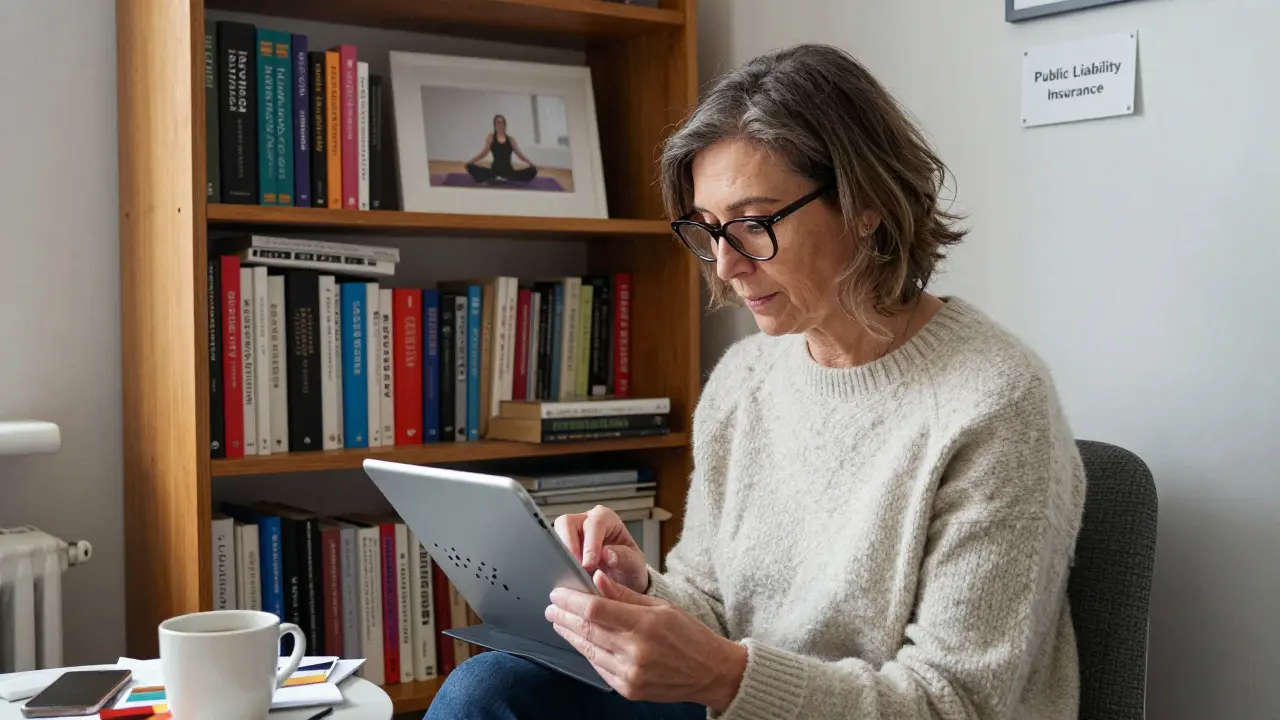A middle-aged woman in her Brixton apartment organizing client reviews, textbooks and insurance sign visible in background.
