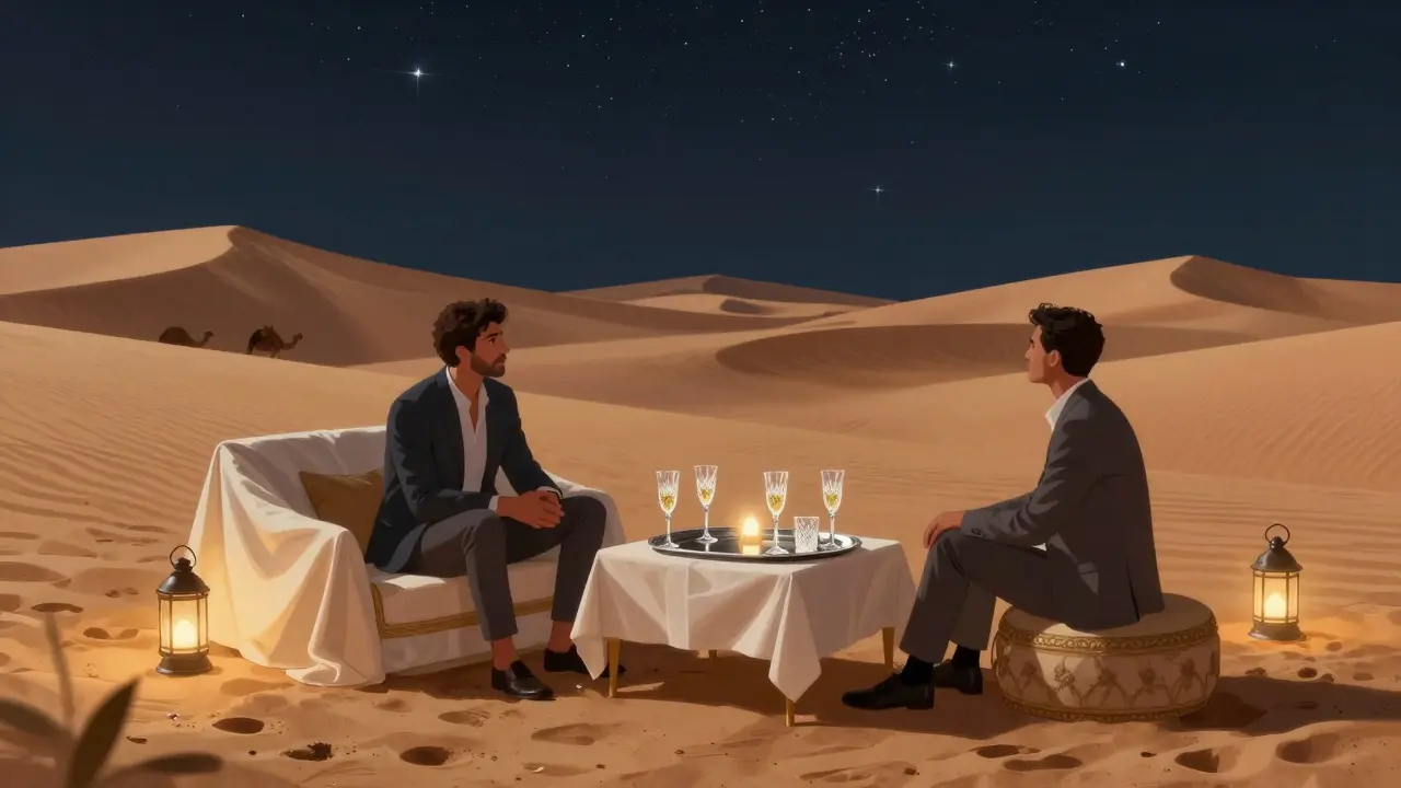 A private desert camp under stars with champagne and a companion sitting quietly beside a client.