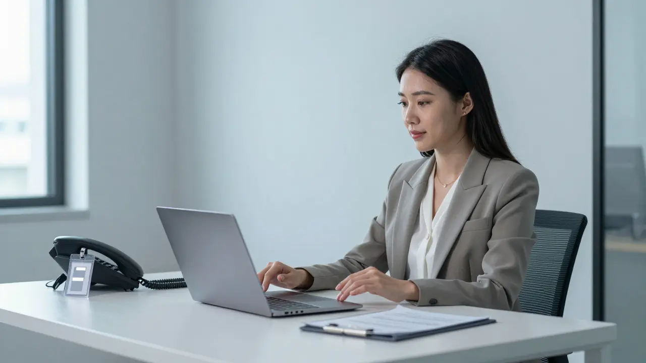 A professional woman on a video call, showing ID verification in a calm, well-lit office setting.