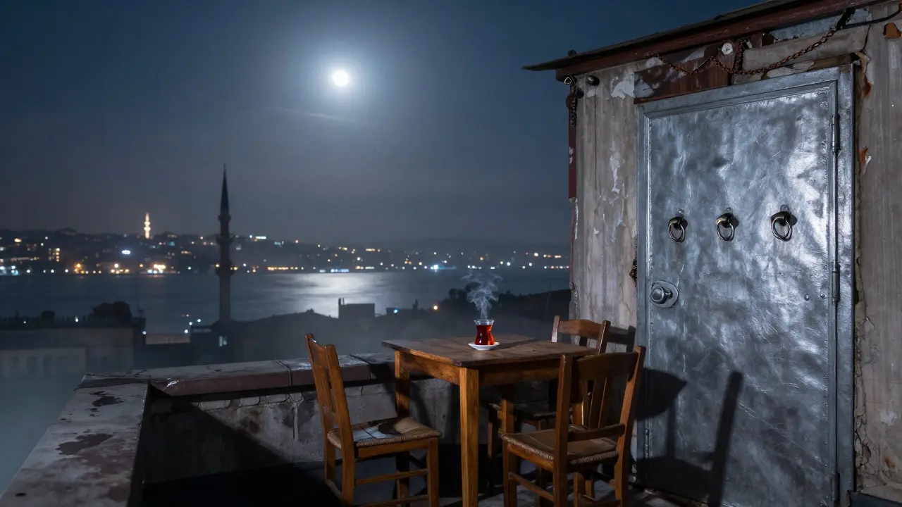 A quiet rooftop overlooking the Bosphorus at night, a single table with tea under moonlight, no signs or crowds.
