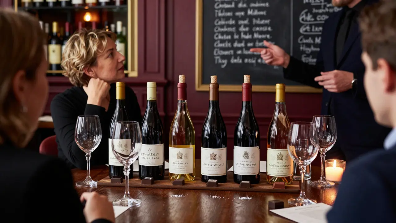 A refined wine tasting with six vintages of Château Margaux paired with chocolate on a dark table.