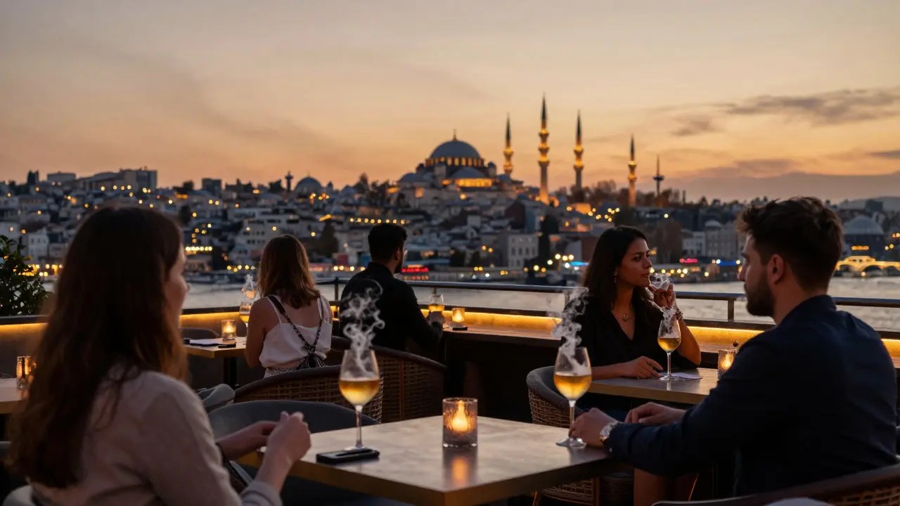 A rooftop bar with panoramic views of Istanbul’s skyline at sunset, guests sipping cocktails in elegant attire.