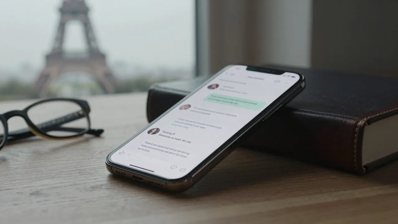 A smartphone on a wooden desk displays a thoughtful message, with a LinkedIn photo and reading glasses nearby.