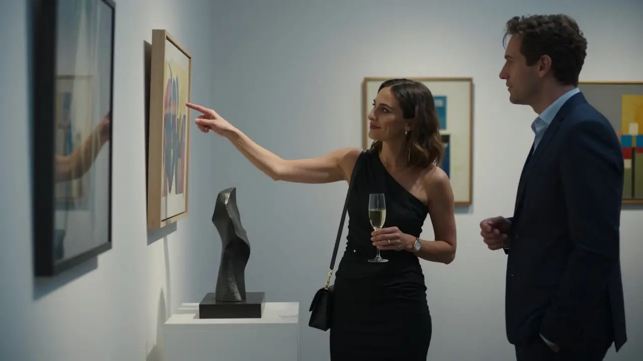 A sophisticated woman and man at an exclusive art gallery opening, engaged in thoughtful discussion near a sculpture.