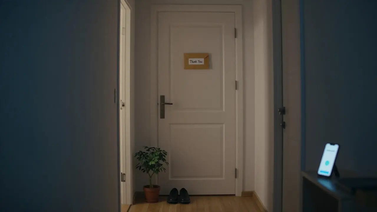 A thank-you note and plant left outside a door, symbolizing respectful departure after a visit.