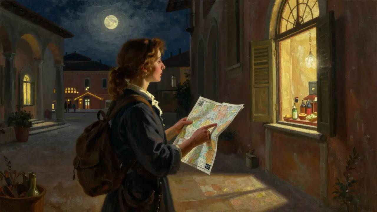 A traveler being guided through a hidden courtyard in Brera by a knowledgeable companion at night.