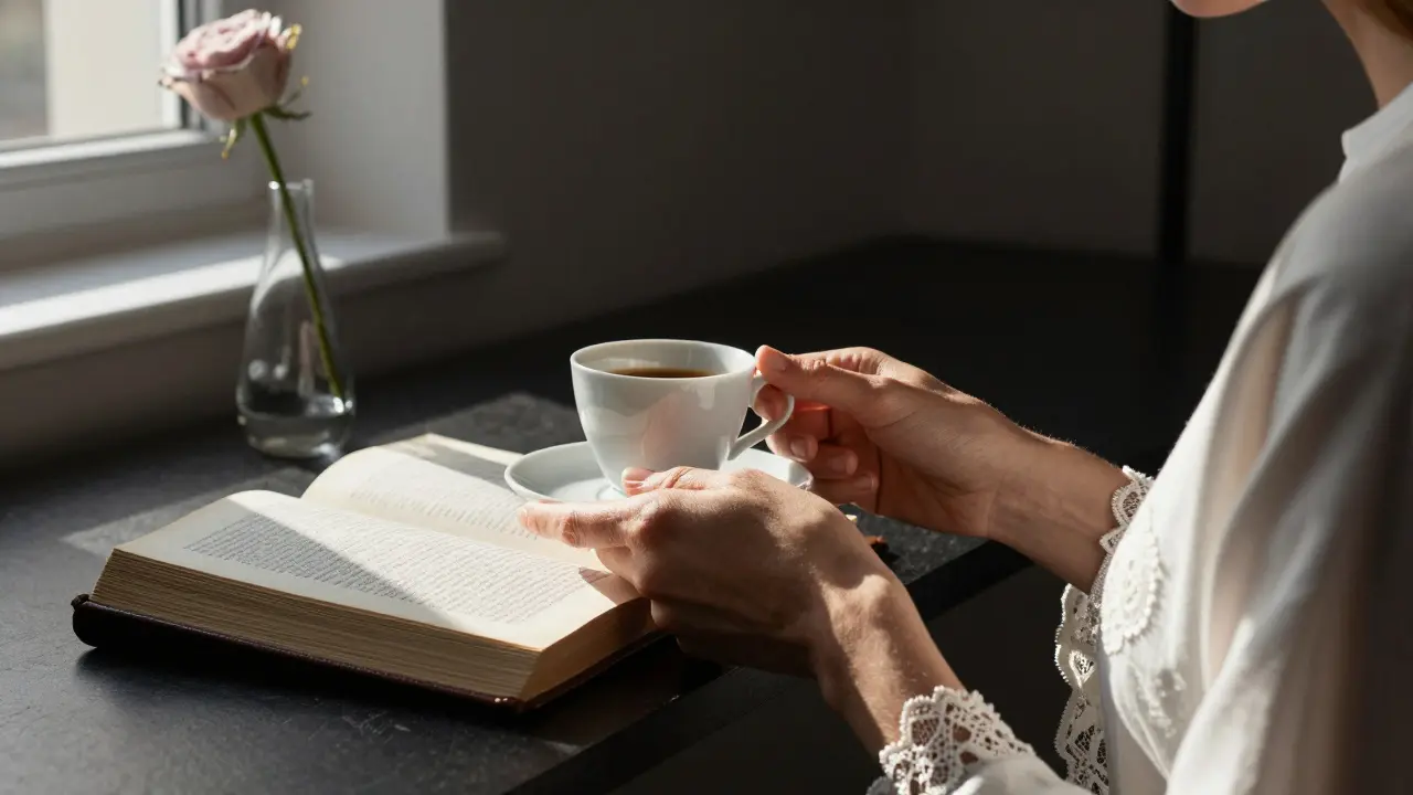 A woman's hands cradle an espresso cup in a sunlit room, surrounded by books and a single rose.