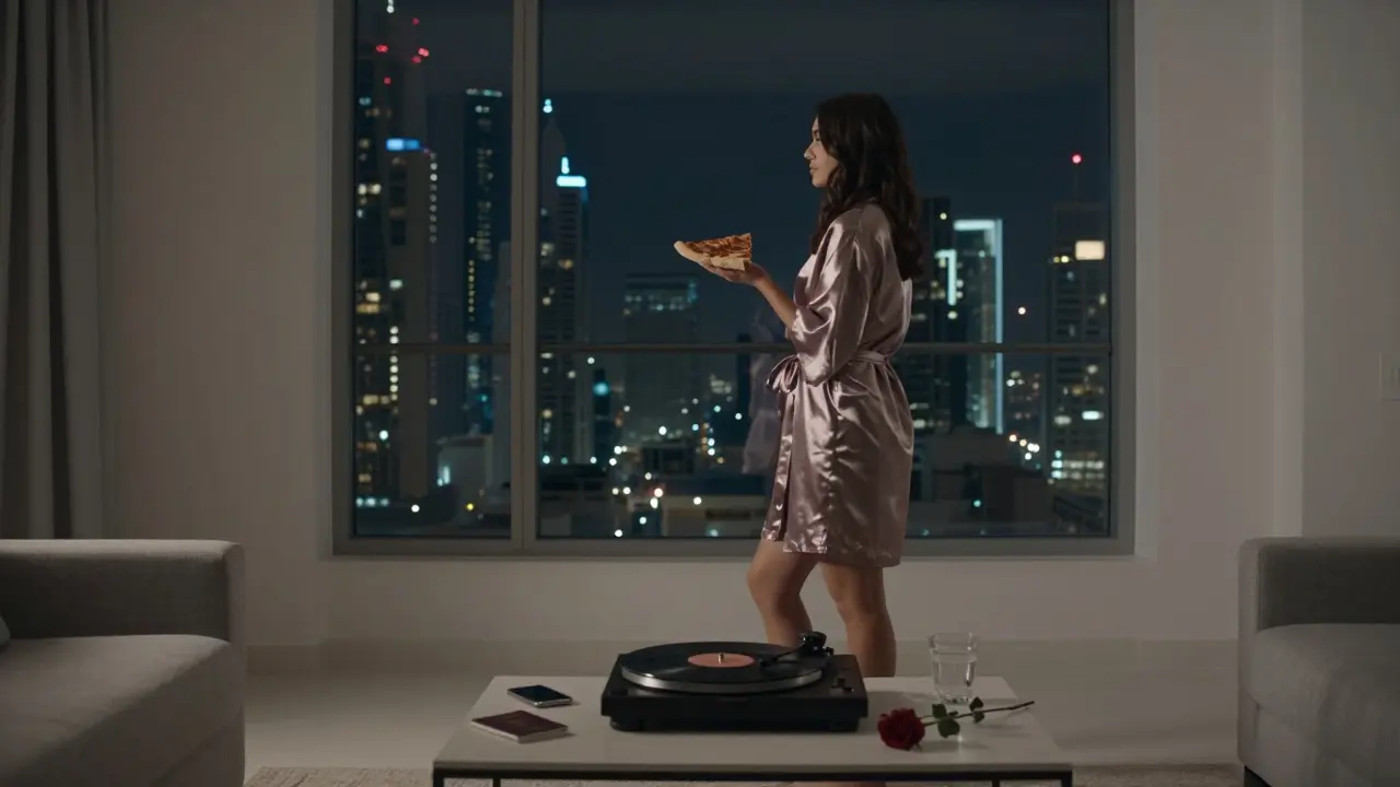 A woman alone in a Dubai penthouse at night, holding pizza, gazing at the city lights in quiet solitude.