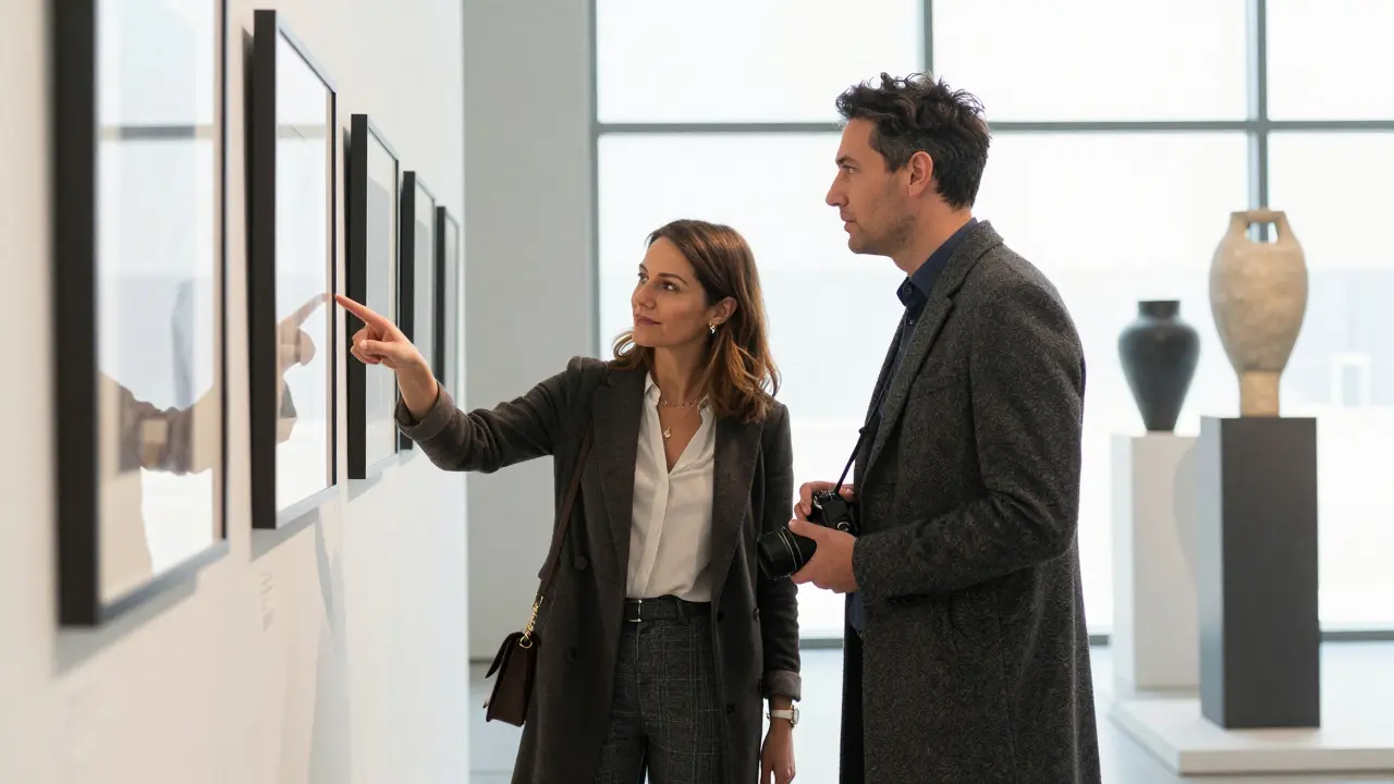 A woman explains an art exhibit to a man at Milan's Triennale Design Museum, both absorbed in the moment.