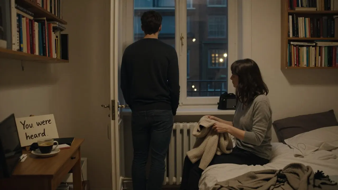 A woman folding clothes on a bed while a man looks out the window at Berlin's city lights.