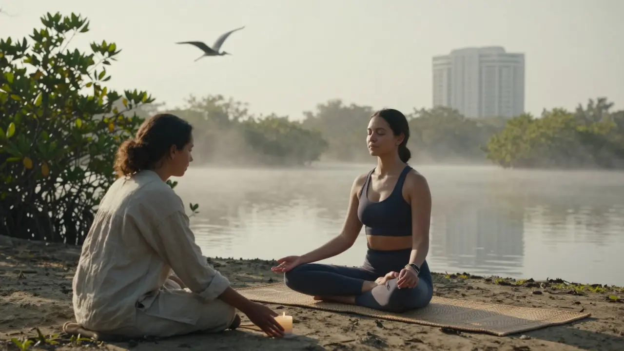 A woman meditates in a mangrove at dawn, a companion nearby lighting a candle as mist rises around them.